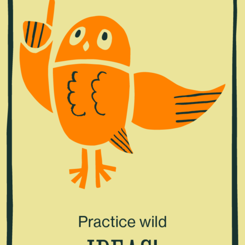 Card 11: Practice wild ideas, owl exclaiming and pointing illustration